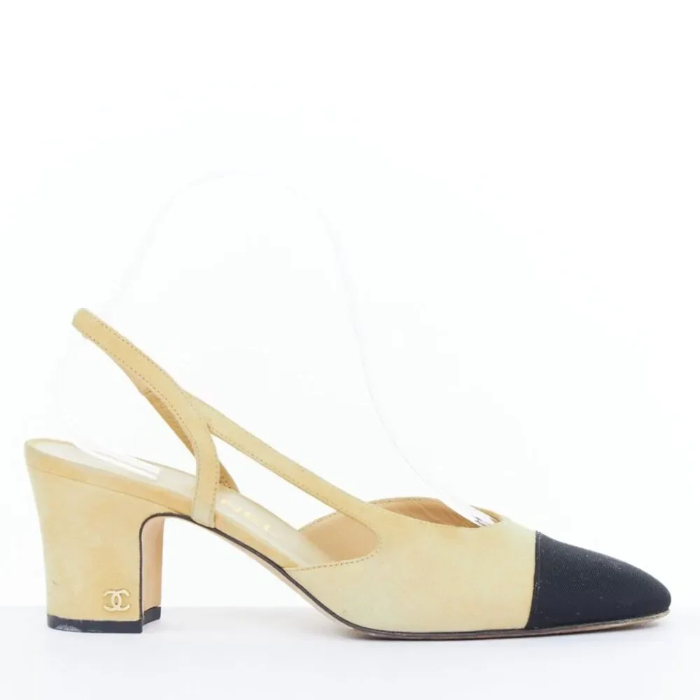 Chanel Beige Suede Grosgrain Cap Toe Slingback Pumps